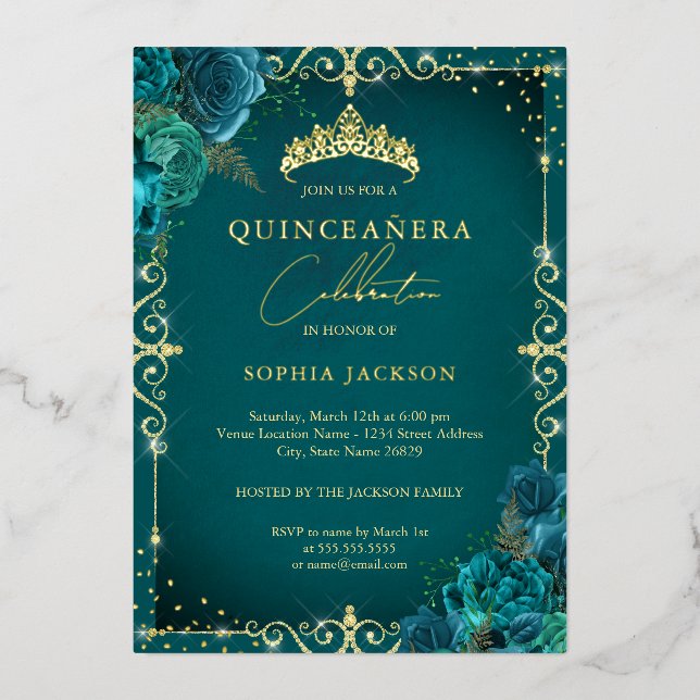 Invitación Con Relieve Metalizado Elegante Rosa Verde azulado Real Quinceanera (Anverso)