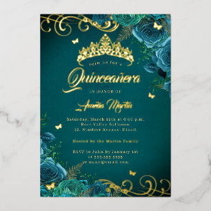 Invitación Con Relieve Metalizado Elegante Rosa Verde azulado Swirl Gold Quinceanera