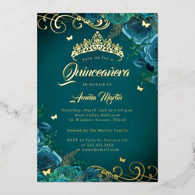 Invitación Con Relieve Metalizado Elegante Rosa Verde azulado Swirl Gold Quinceanera (Anverso)