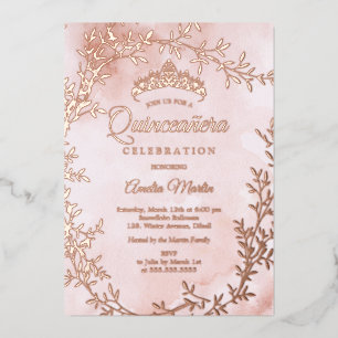 Invitación Con Relieve Metalizado Elegante Rosa Wreath Quinceanera