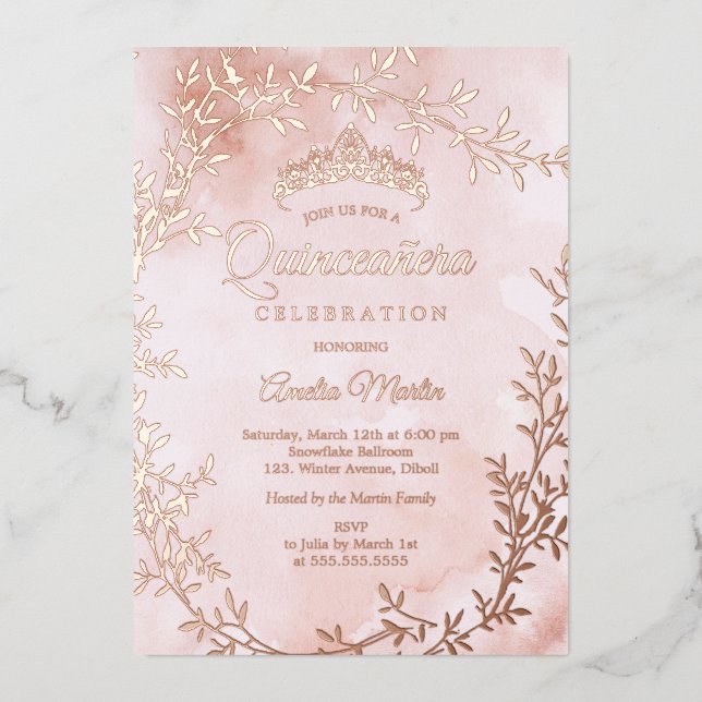 Invitación Con Relieve Metalizado Elegante Rosa Wreath Quinceanera (Anverso)