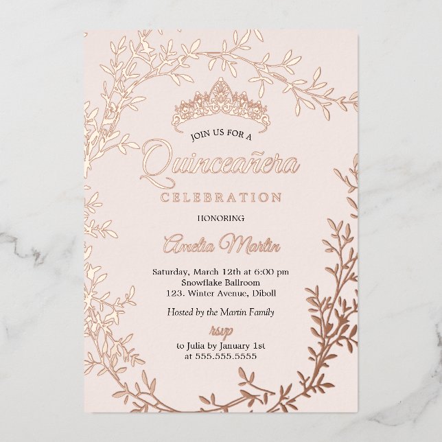 Invitación Con Relieve Metalizado Elegante Rosa Wreath Quinceanera Fo (Anverso)