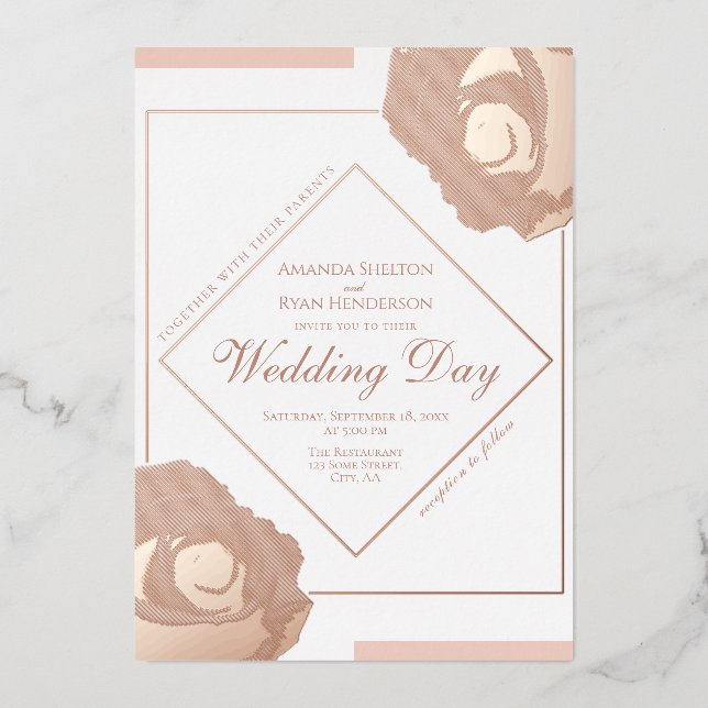 Invitación Con Relieve Metalizado Elegante Rosas de oro preso Boda floral (Anverso)