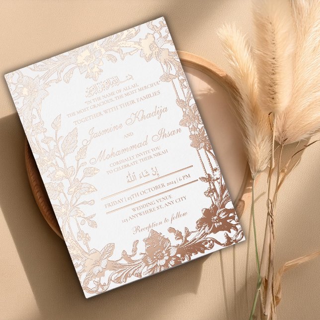 Invitación Con Relieve Metalizado Elegante Rose floral marco dorado Boda musulmán Ni (Subido por el creador)