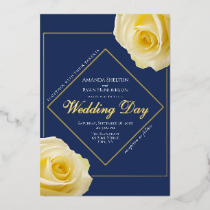 Invitación Con Relieve Metalizado Elegante Roses Amarillos Azul Floral Boda Oro