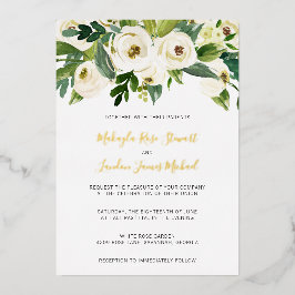 Invitación Con Relieve Metalizado Elegante Roses Blancos Verdor Floral Boda Oro