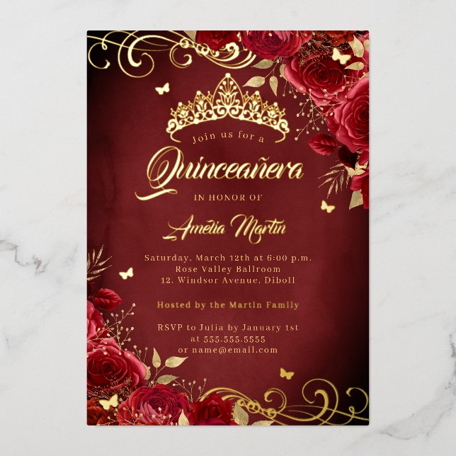 Invitación Con Relieve Metalizado Elegante Royal Red Rose Gold Swirl Quinceanera (Anverso)