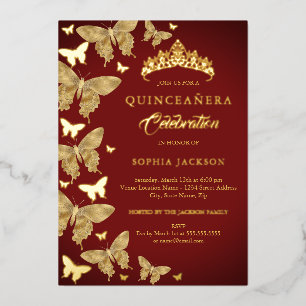 Invitación Con Relieve Metalizado Elegante Royal Rojo Mariposa Quinceañera Dorada