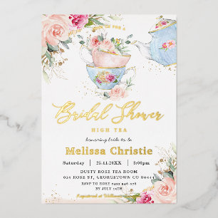 Invitación Con Relieve Metalizado Elegante Rubor Floral High Tea Fiesta Bridal Showe