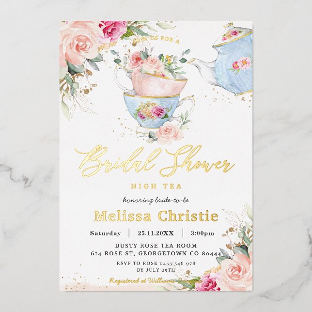 Invitación Con Relieve Metalizado Elegante Rubor Floral High Tea Fiesta Bridal Showe (Anverso)