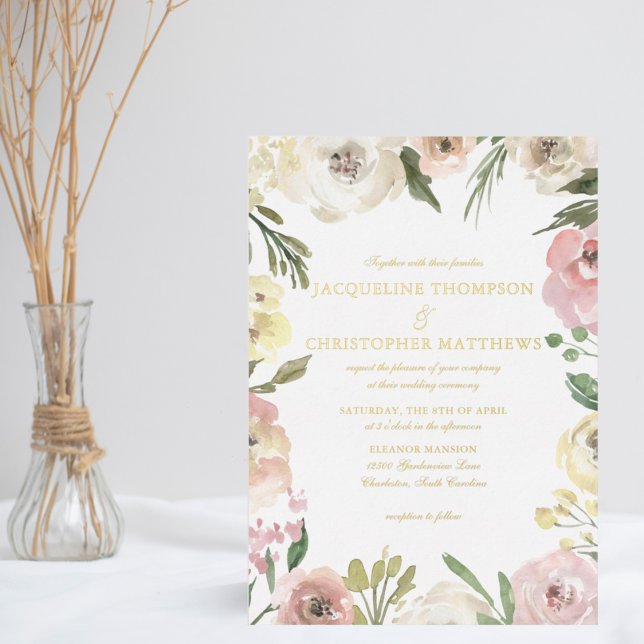 Invitación Con Relieve Metalizado Elegante Rubor Pink Floral Garden Wedding Gold (Subido por el creador)