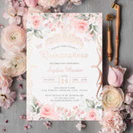 Invitación Con Relieve Metalizado Elegante Rubor Rosa Rosa Gold Quinceanera