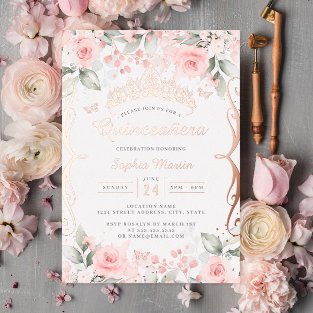 Invitación Con Relieve Metalizado Elegante Rubor Rosa Rosa Gold Quinceanera (Subido por el creador)