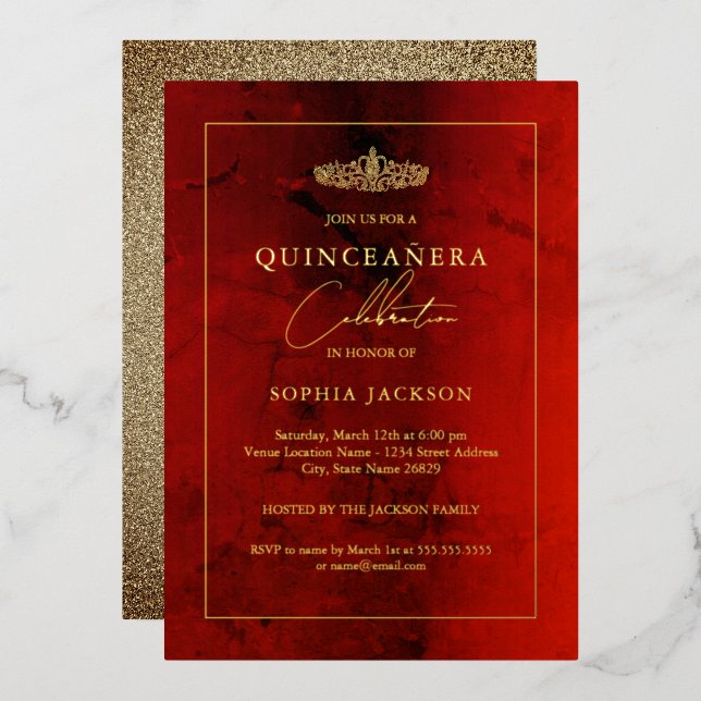 Invitación Con Relieve Metalizado Elegante Ruby Red Gold Quinceanera 15 (Anverso/Reverso)