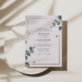 Invitación Con Relieve Metalizado Elegante Rústico Eucalipto Boda Rosa Oro