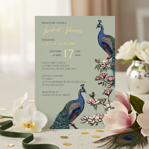 Invitación Con Relieve Metalizado Elegante Sage Floral Peacock Bridal Shower