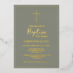 Invitación Con Relieve Metalizado Elegante Sage Green & Gold Baptism & Christening