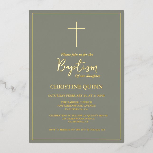 Invitación Con Relieve Metalizado Elegante Sage Green & Gold Baptism & Christening (Anverso)