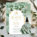 Invitación Con Relieve Metalizado Elegante Sage Green Rosa Floral Sweet 16 Fiesta<br><div class="desc">Elegante y elegante color verde sabio con acentos dorados de masa floral combinados con un panel de arcos sobre un diseño fiesta de color verde sabio descolorido "Sweet 16". Tiene una belleza de morena de color marrón oscuro a negro en un traje de bolas de color sabio y un alcohol...</div>