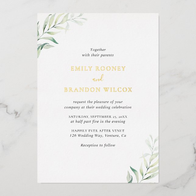 Invitación Con Relieve Metalizado Elegante Sage Greenery Eucalyptus Boda Gold (Anverso)