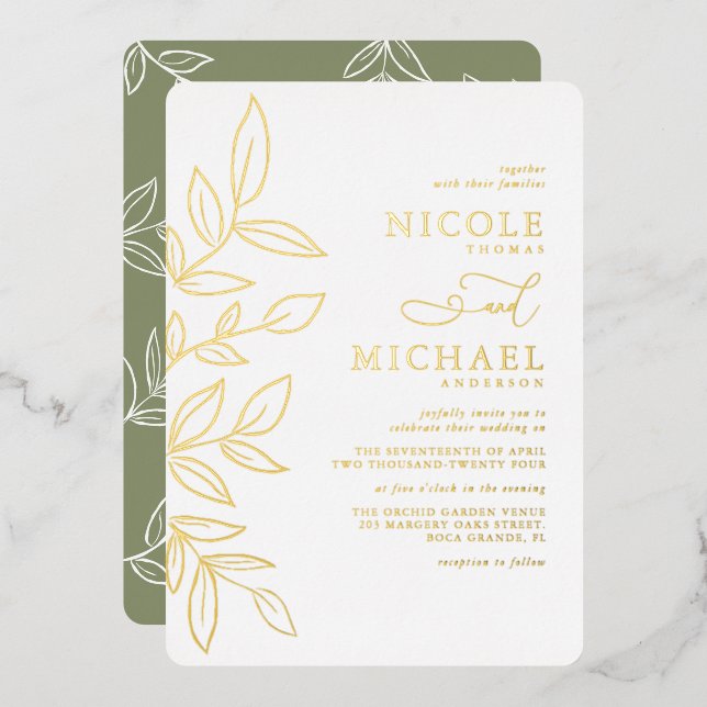 Invitación Con Relieve Metalizado Elegante Sage Minimal Gold Leaf Boda (Anverso/Reverso)