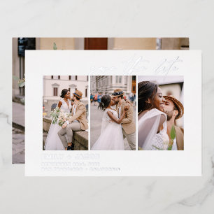 Invitación Con Relieve Metalizado Elegante Save the Date 4 Foto Minimalista Plateado