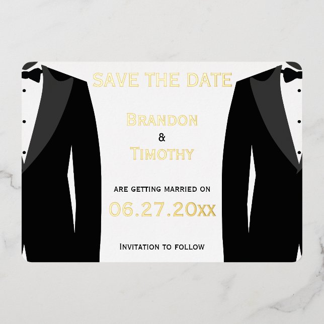 Invitación Con Relieve Metalizado Elegante Save The Date Boda Gay Hoja Dorada Real (Anverso)