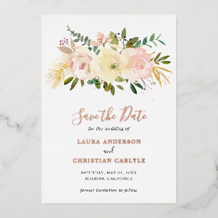 Invitación Con Relieve Metalizado Elegante Save the Date Floral Rosa Rubor para Boda