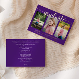 Invitación Con Relieve Metalizado Elegante Script 3 Foto Graduación Purpura Dorado