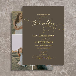 Invitación Con Relieve Metalizado Elegante Script 4 Foto Boda Marrón
