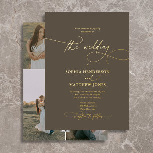 Invitación Con Relieve Metalizado Elegante Script 4 Foto Boda Marrón