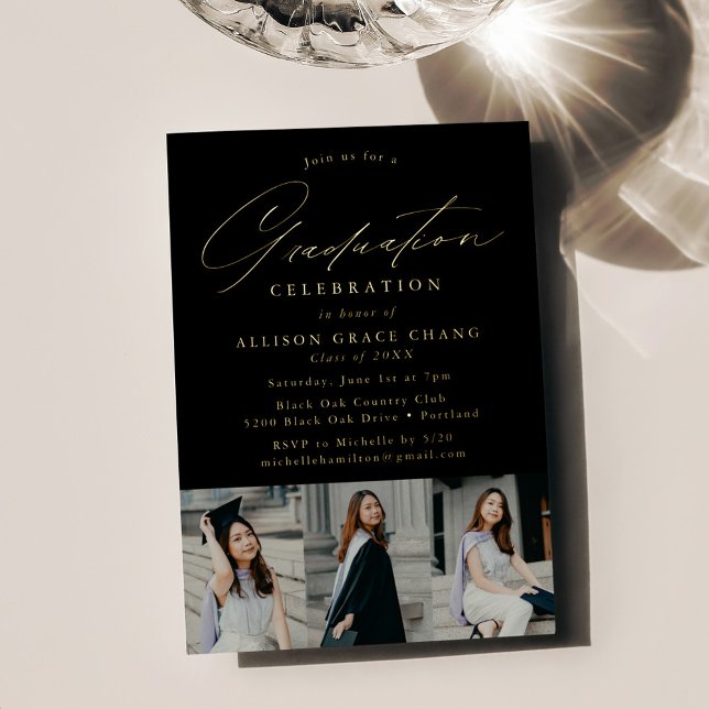 Invitación Con Relieve Metalizado Elegante Script Black 3 Photo Graduation Party (Subido por el creador)