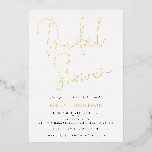 Invitación Con Relieve Metalizado Elegante Script Bridal Shower Classy Real (Anverso)