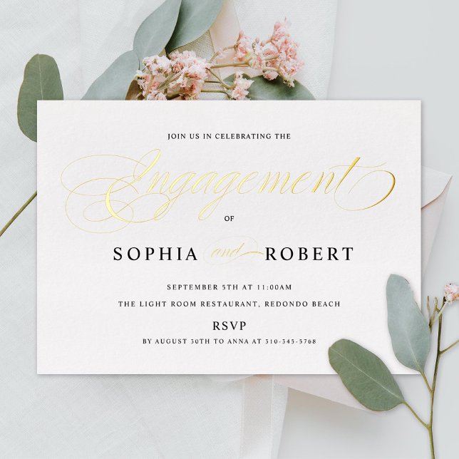 Invitación Con Relieve Metalizado Elegante Script Engagement Party Gold (Subido por el creador)