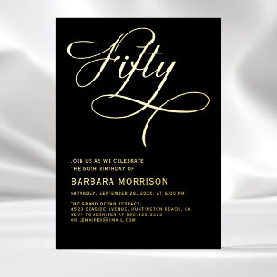 Invitación Con Relieve Metalizado Elegante Script Fifty Negro Oro Cumpleaños 50