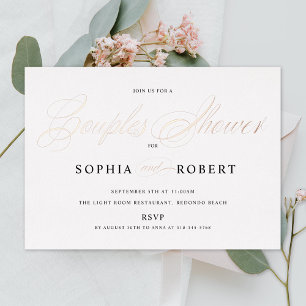 Invitación Con Relieve Metalizado Elegante Script Parejas Ducha Rosa Oro