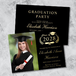 Invitación Con Relieve Metalizado Elegante Script Photo Black Graduation Party