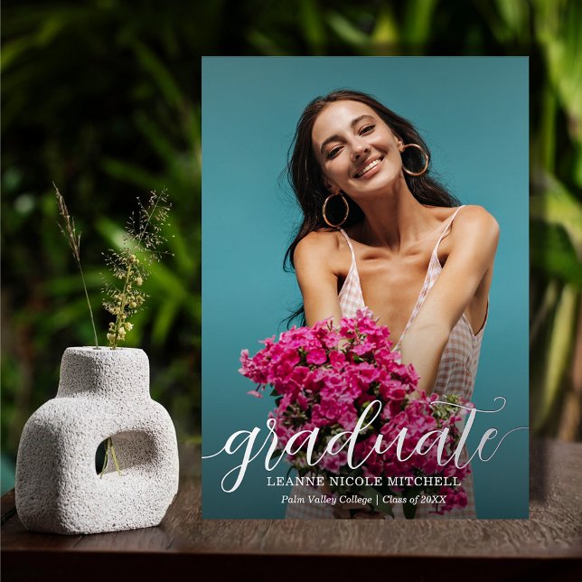 Invitación Con Relieve Metalizado Elegante Script Photo Graduation Silver (Elegant script graduation REAL silver foil party invitations with your party details on the back)