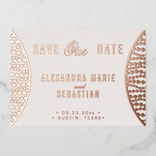Invitación Con Relieve Metalizado Elegante Script Rubor Pearl Save the Date Rosa Gol