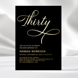 Invitación Con Relieve Metalizado Elegante Script Thirty Negro Oro Cumpleaños 30