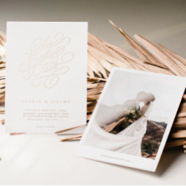 Invitación Con Relieve Metalizado Elegante Script Wedding Save The Date Rosa Gold