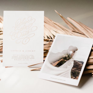 Invitación Con Relieve Metalizado Elegante Script Wedding Save The Date Rosa Gold
