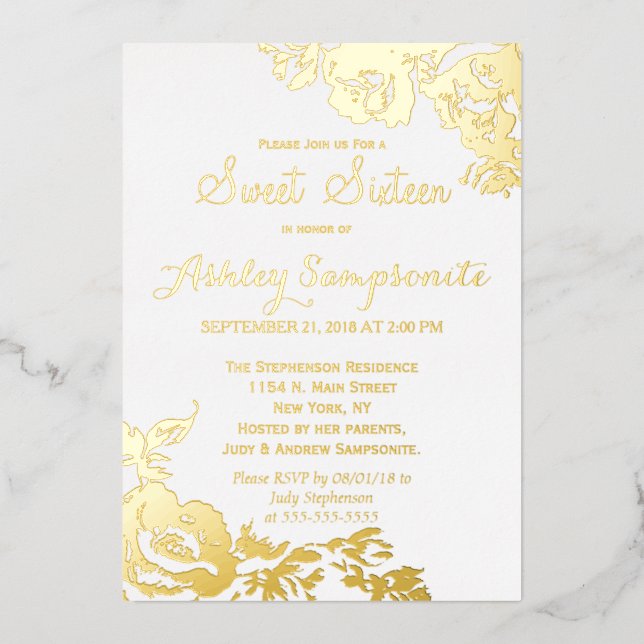 Invitación Con Relieve Metalizado Elegante Sencillo Moderno Rosa Floral Dorado Dulce (Anverso)