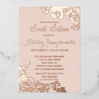 Invitación Con Relieve Metalizado Elegante Sencillo Moderno Rosa Floral Dorado Dulce