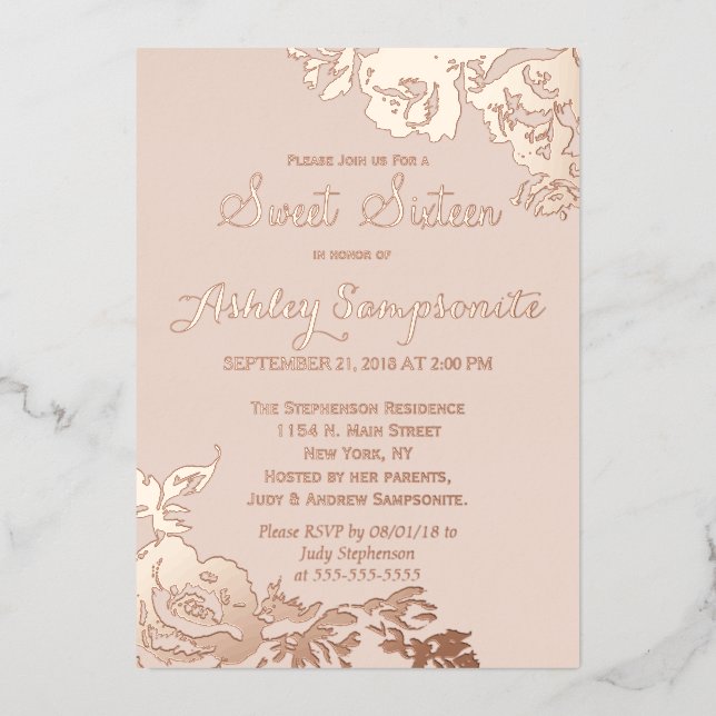 Invitación Con Relieve Metalizado Elegante Sencillo Moderno Rosa Floral Dorado Dulce (Anverso)