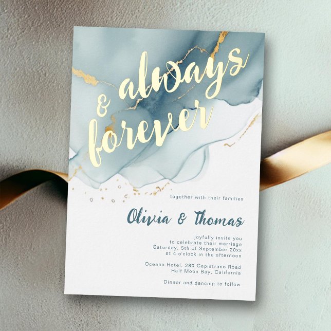 Invitación Con Relieve Metalizado Elegante siempre para siempre una polvorienta boda (always forever beach wedding invitation teal gold foil dusty blue elegant bohemian modern romantic)