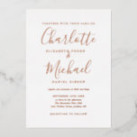 Invitación Con Relieve Metalizado Elegante Signature Script Boda Rosa Oro<br><div class="desc">Con nombres de Relieve metalizado de oro rosa y estilo característico,  esta elegante invitación a la boda puede ser personalizada con su información en letras de moda. Diseñado por Thisisnotme©</div>