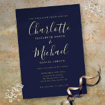 Invitación Con Relieve Metalizado Elegante Signature Script Navy Boda azul oro<br><div class="desc">Con nombres de estilo característico,  esta elegante invitación a la boda azul marino de Relieve metalizado dorado se puede personalizar con su información en letras de moda. Diseñado por Thisisnotme©</div>