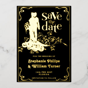 Invitación Con Relieve Metalizado Elegante Silueta de Boda Save The Date