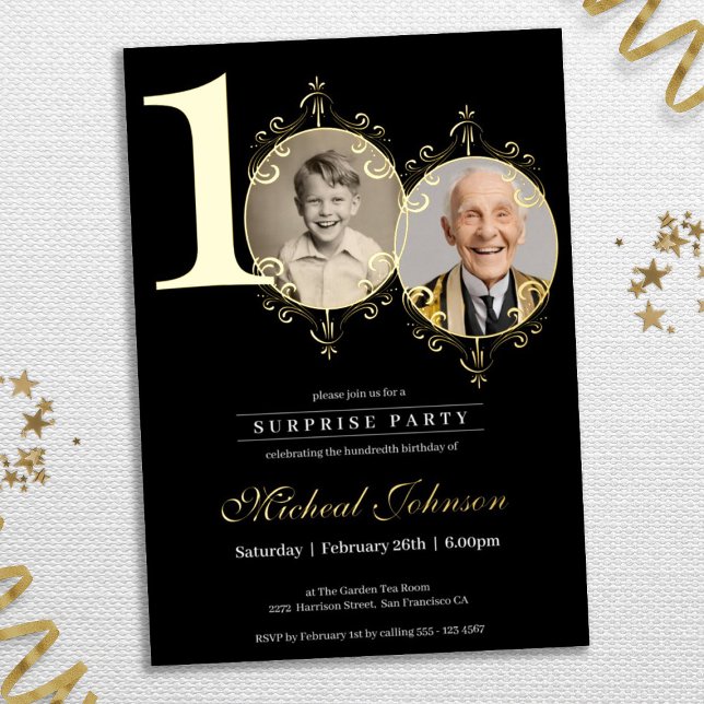 Invitación Con Relieve Metalizado Elegante simple foto sorpresa 100 cumpleaños (Elegant Simple Photo 100th Birthday Surprise Party Foil Invitation)